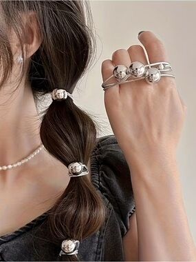 Sterling Silver-Tone Bead Hair Rings & Hair Tie Set - Silver